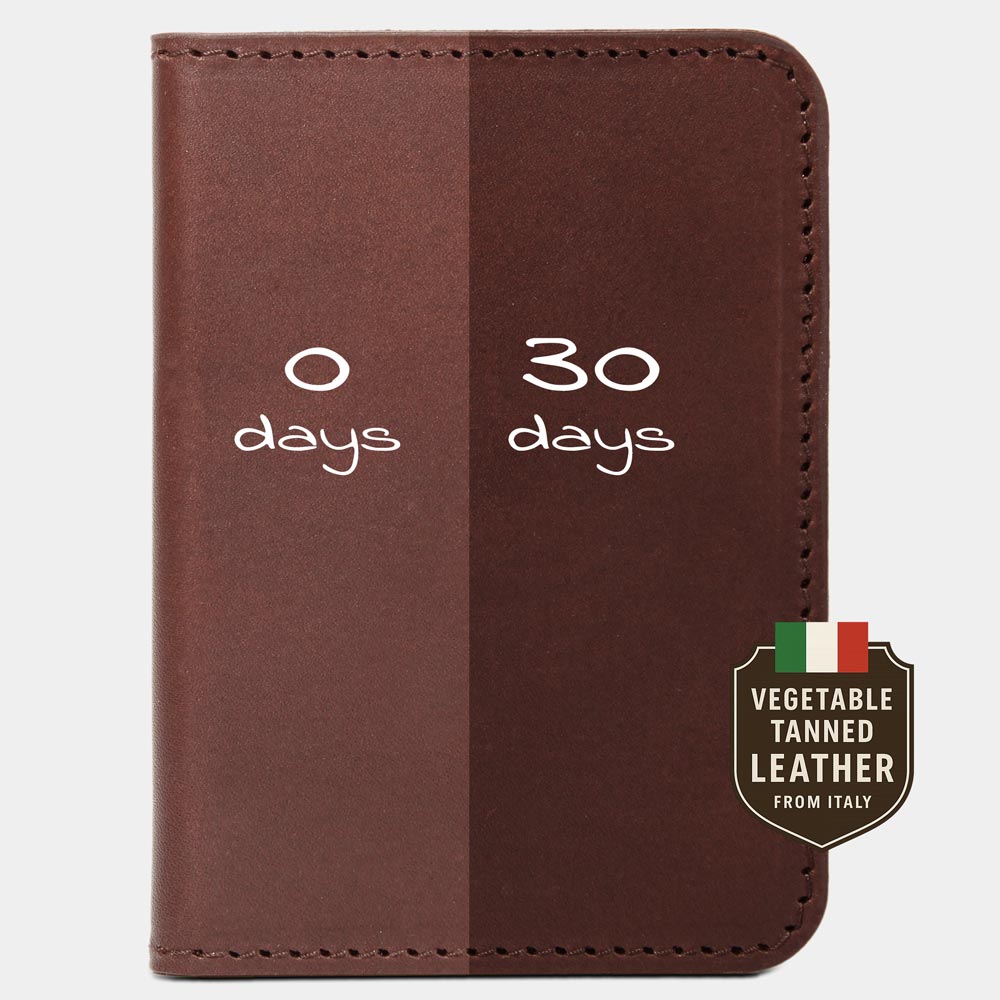 Patina-Vergleich einer dunkel braunen BiFold Wallet aus Vachetta-Leder nach 0 und 30 Tagen Nutzung.