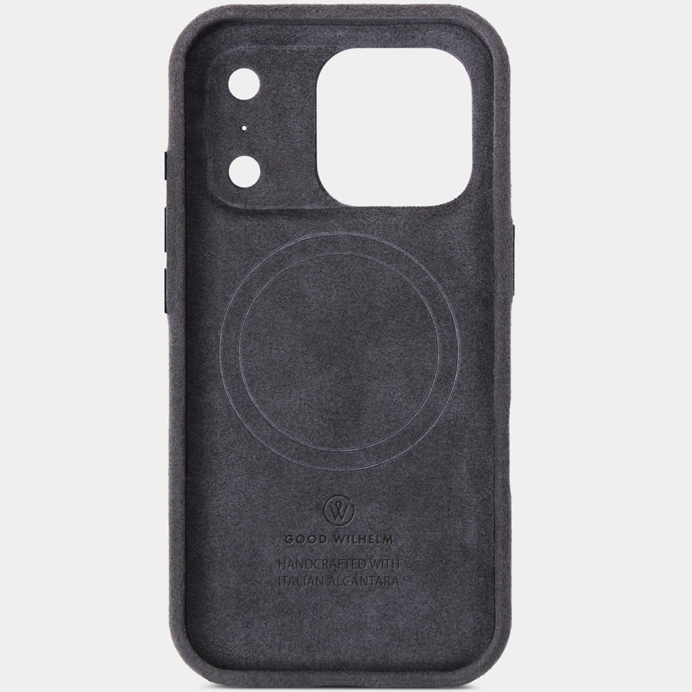iPhone 17 Pro Alcantarahülle Charcoal Grey – Innenseite komplett mit Alcantara, elegante Schutzhülle von Good Wilhelm, auch für iPhone 17 Pro Max