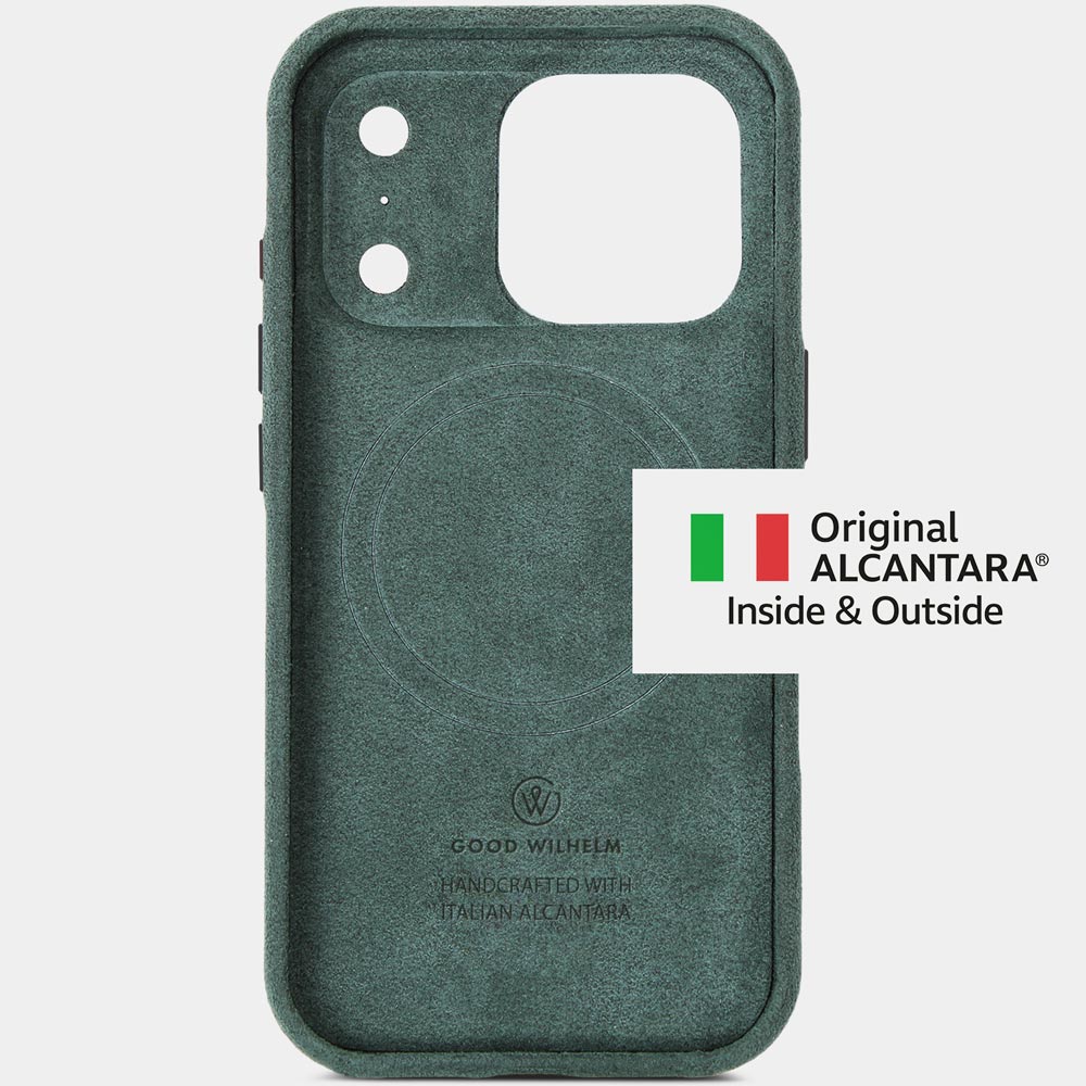 iPhone 17 Pro Alcantarahülle Imperial Green – weiche Alcantara-Innenseite für besten Schutz, Premium Case von Good Wilhelm, auch als iPhone 17 Pro Max Alcantarahülle erhältlich