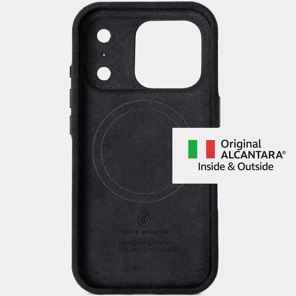 iPhone 17 Pro Alcantarahülle Midnight Black – Innenseite aus Alcantara, edle Schutzhülle von Good Wilhelm, kompatibel mit iPhone 17 Pro Max