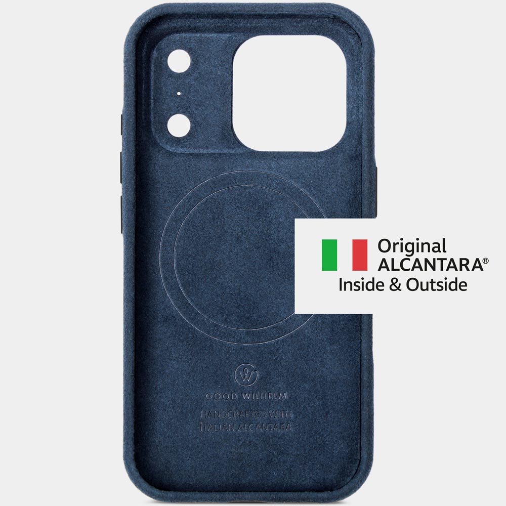 iPhone 17 Pro Alcantarahülle Nordic Blue – Alcantara-Innenseite für Rundumschutz, Premium Good Wilhelm Case, auch für iPhone 17 Pro Max Alcantarahülle
