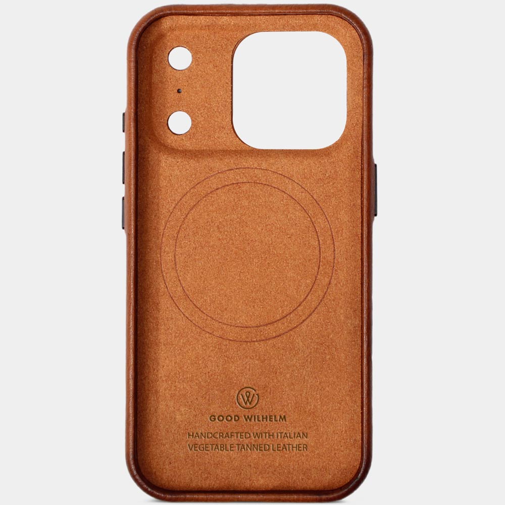 iPhone 17 Pro Hülle Leder Cognac Braun – Innenseite mit weichem Mikrofaser-Schutz, Premium Lederhülle von Good Wilhelm, auch für iPhone 17 Pro Max Hülle Leder