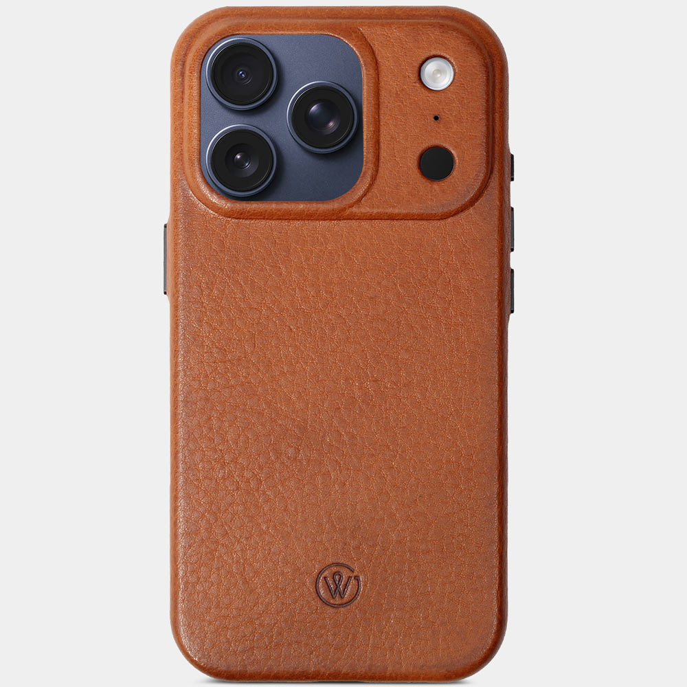 iPhone 17 Pro Hülle Leder Cognac Braun – Vorderseite mit iPhone, Premium Lederhülle von Good Wilhelm, kompatibel auch als iPhone 17 Pro Max Hülle Leder