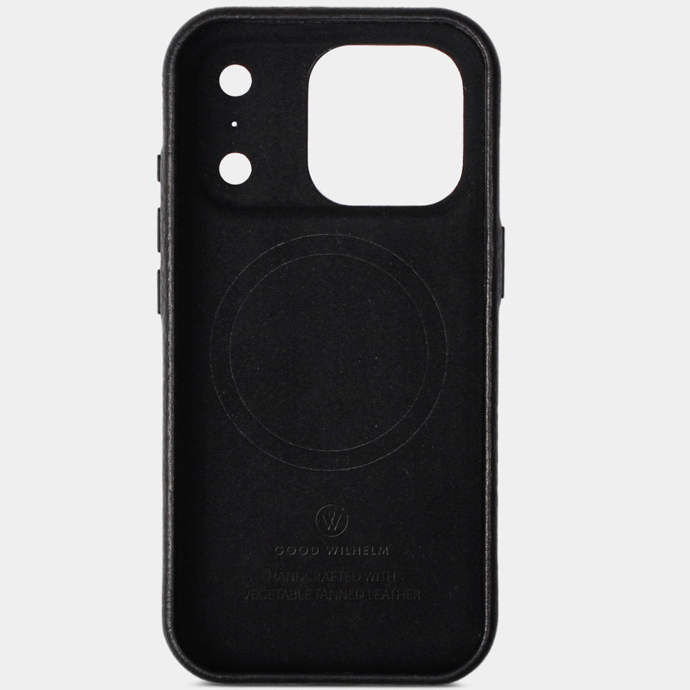 iPhone 17 Pro Hülle Leder Schwarz – Innenseite mit Mikrofaser-Schutz, edle Lederhülle von Good Wilhelm, auch als iPhone 17 Pro Max Hülle Leder erhältlich