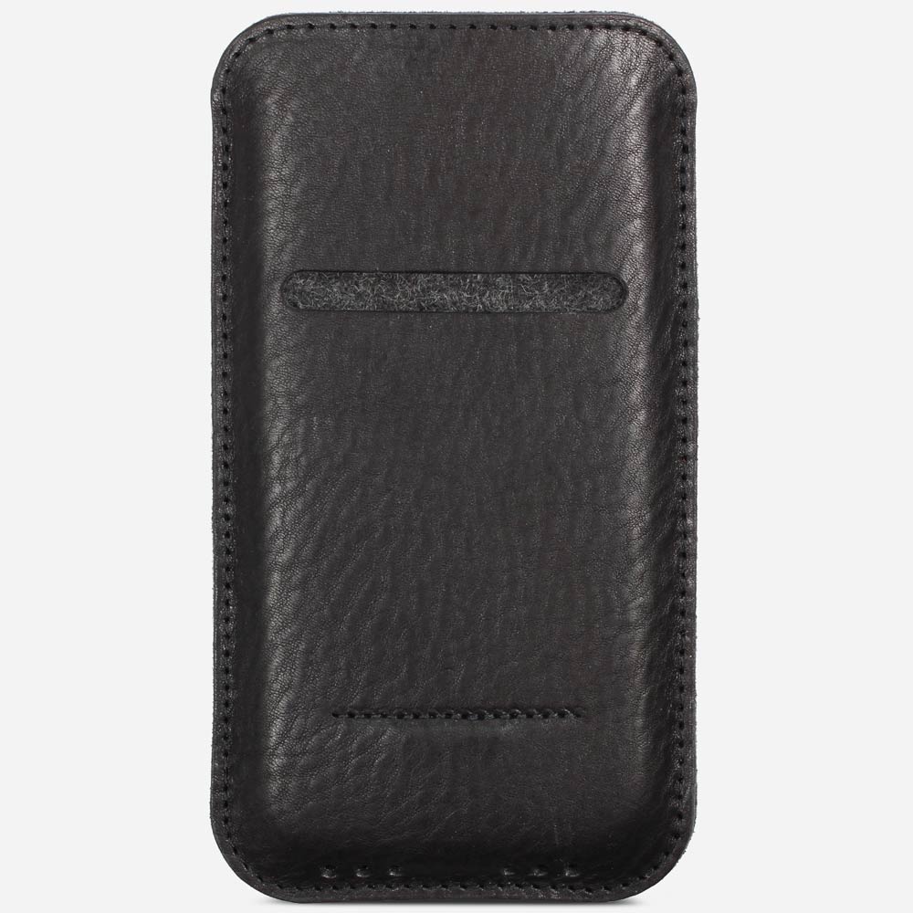 Hochwertiges iPhone Leder Sleeve von Good Wilhelm in Schwarz – edle pflanzlich gegerbte iPhone Hülle mit Kartenschlitz für Geldscheine und Kreditkarten, innen mit weichem Wollfilz gefüttert.