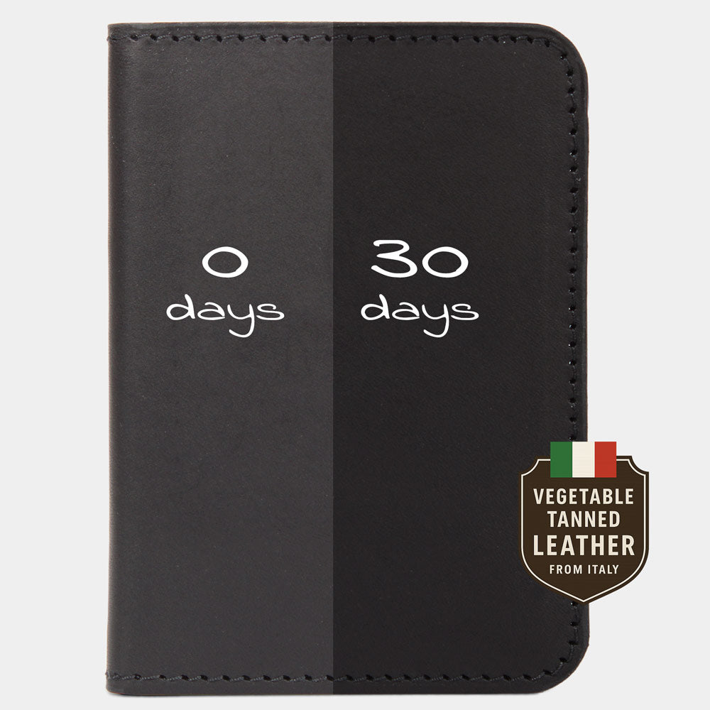 Patina-Vergleich einer schwarzen BiFold Wallet aus Vachetta-Leder nach 0 und 30 Tagen Nutzung.