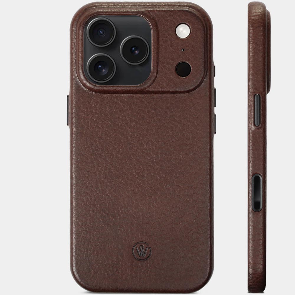 iPhone 17 Air Lederhülle Chocolate Braun – Außen- und Seitenansicht mit Kamerataste