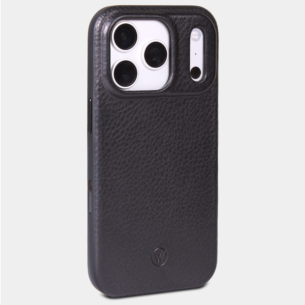 iPhone 17 Pro Hülle aus Leder und TPU von Good Wilhelm in Schwarz auf weißem Hintergrund