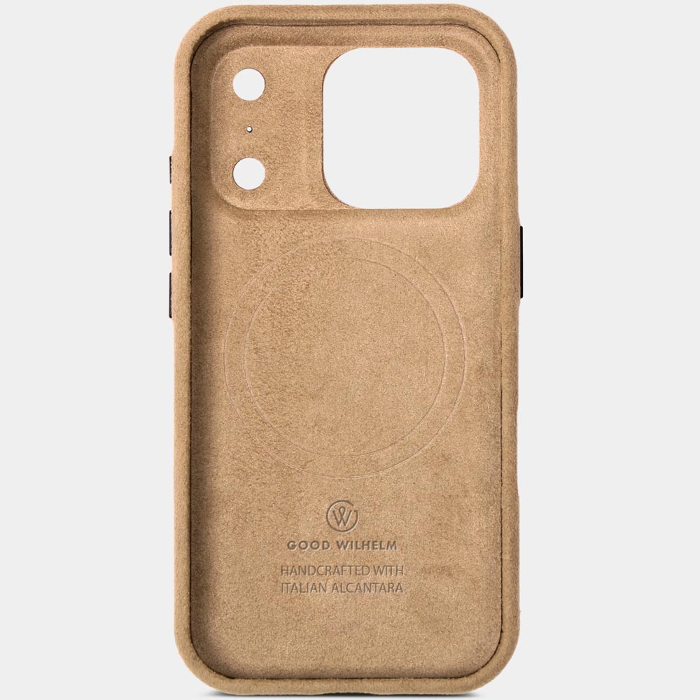 iPhone 17 Pro Alcantarahülle Baltic Sand – Innenseite komplett aus Alcantara, weicher Rundumschutz von Good Wilhelm, auch für iPhone 17 Pro Max Alcantarahülle geeignet