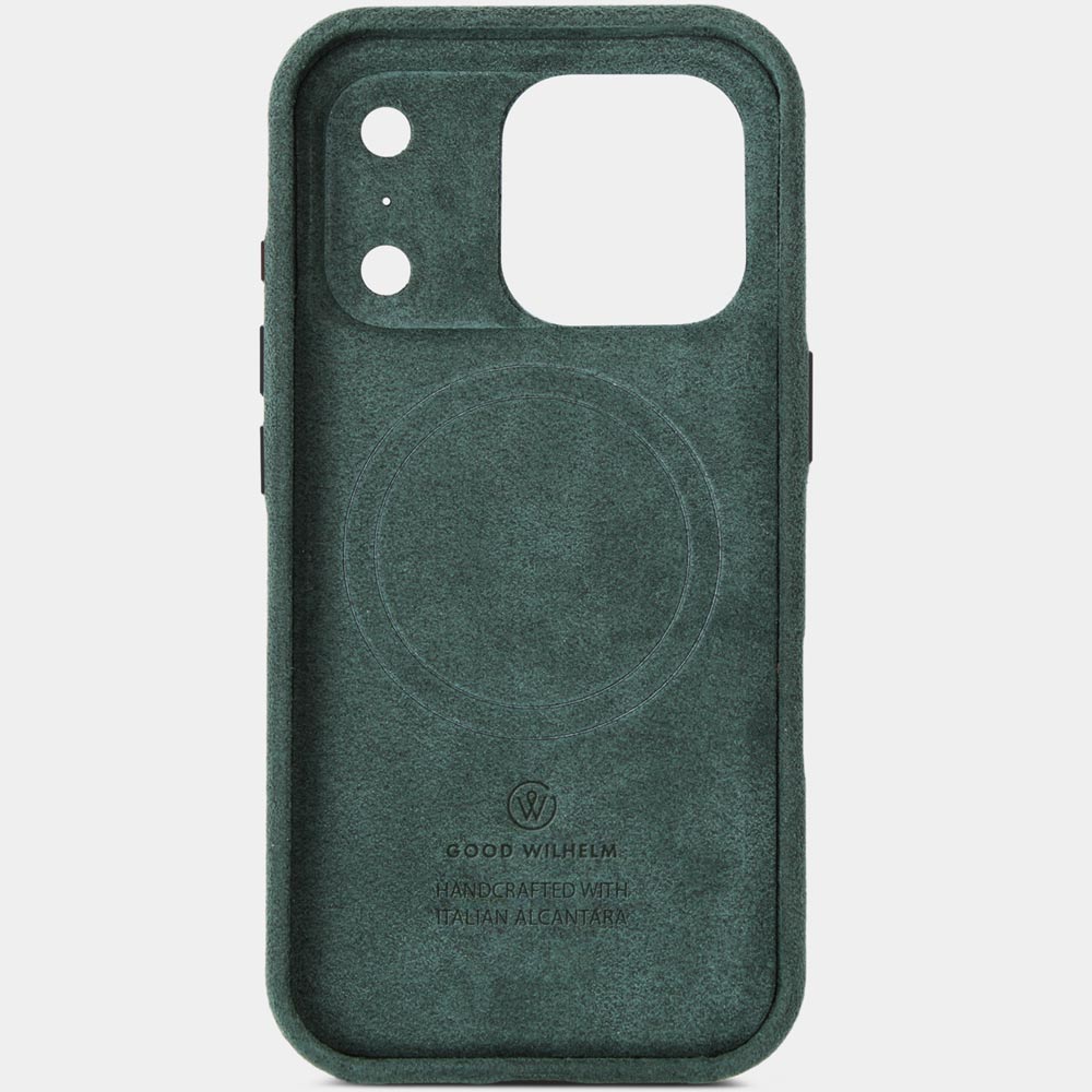 iPhone 17 Pro Alcantarahülle Imperial Green – weiche Alcantara-Innenseite für besten Schutz, Premium Case von Good Wilhelm, auch als iPhone 17 Pro Max Alcantarahülle erhältlich