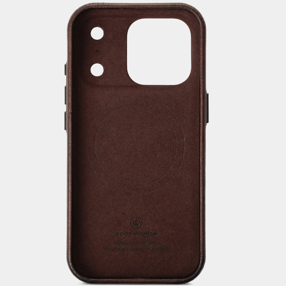 iPhone 17 Pro Hülle Leder Chocolate Braun – Innenseite mit Mikrofaser, hochwertige Echtlederhülle von Good Wilhelm, kompatibel auch mit iPhone 17 Pro Max