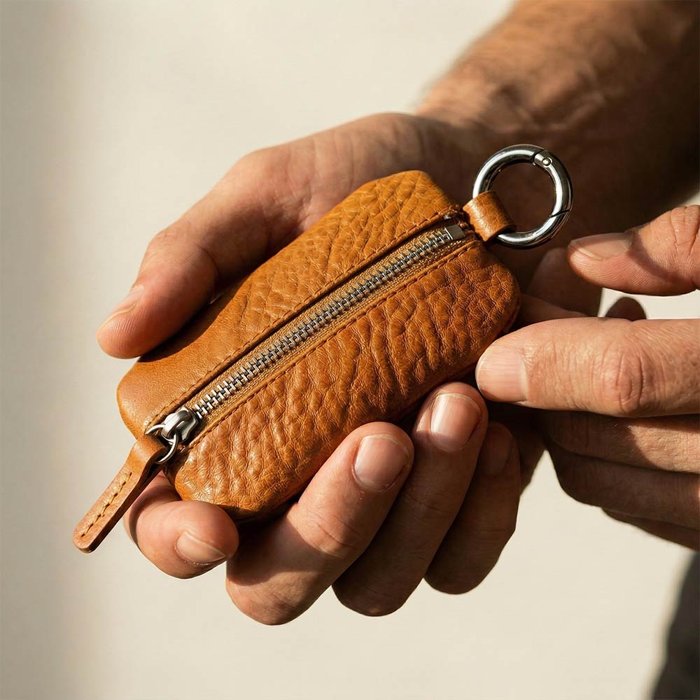 Geschlossene Schlüsseltasche aus Leder in Cognac von Good Wilhelm in der Hand